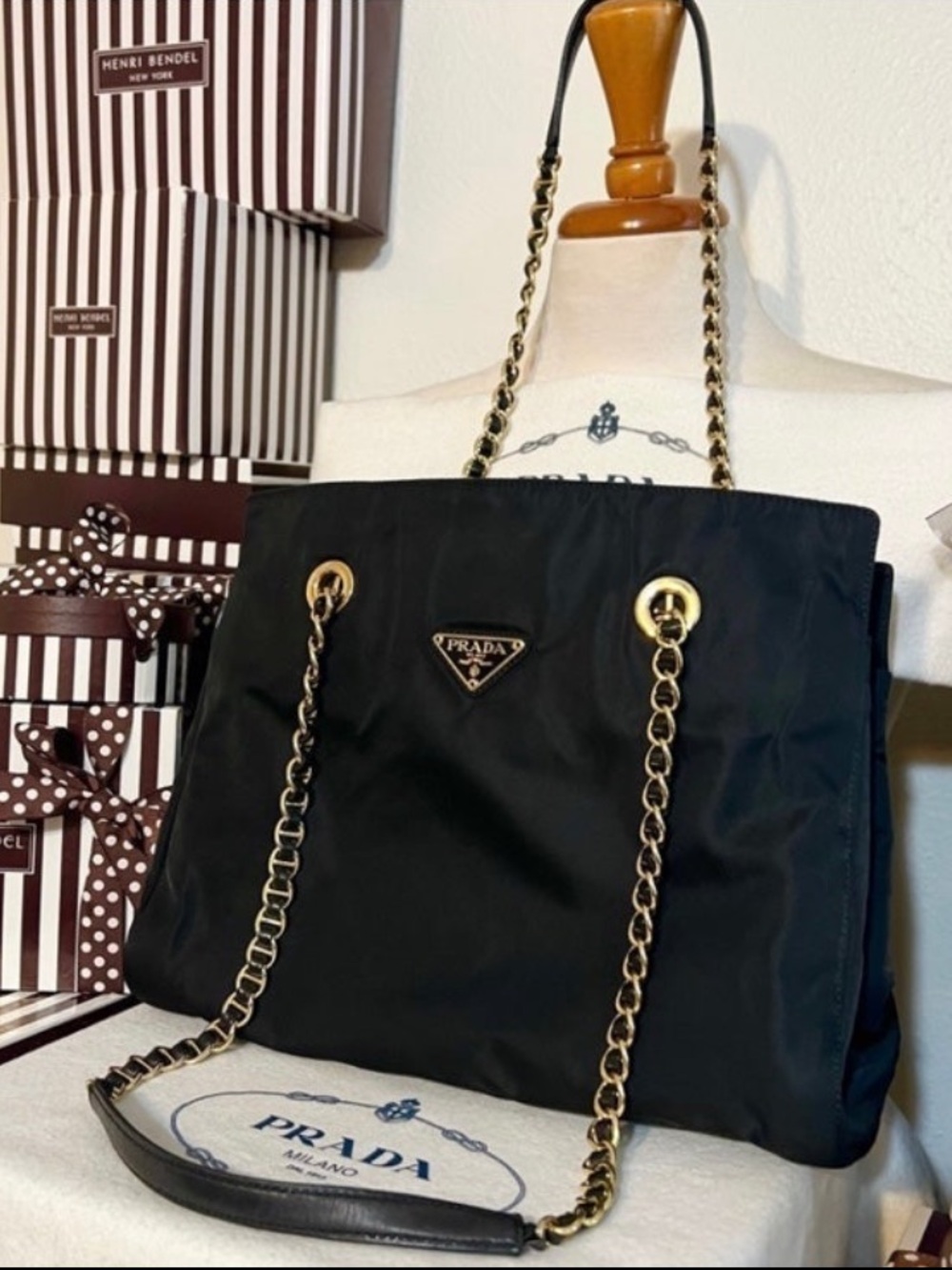 PRADA⭐️Black Shoulder Bag with Gold Chain Straps!